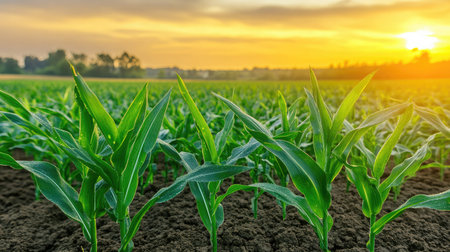 Close-up of dewdrops on vibrant green corn leaves at dawn, highlighting the freshness of early morning in the fields.の素材