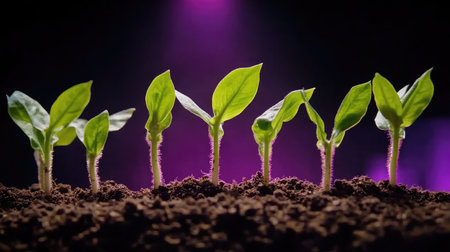 Close-up of a row of young corn plants emerging from the soil, representing new growth and the beginning of the crop cycle.の素材