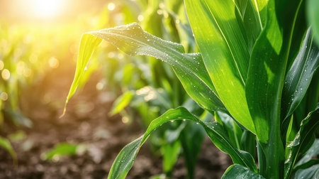Close-up of dewdrops glistening on vibrant green corn leaves at dawn, highlighting the freshness of early morning in the fields.の素材