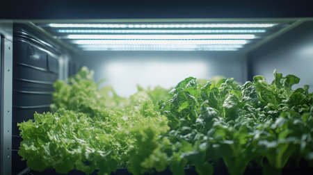 Greenhouse interior with rows of lush, green lettuce growing hydroponically, representing modern sustainable farming practices.の素材