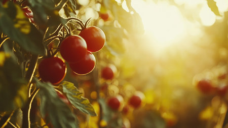 Close-up of ripe tomatoes on the vine in a sunlit garden, showcasing the freshness and vitality of homegrown produce.の素材