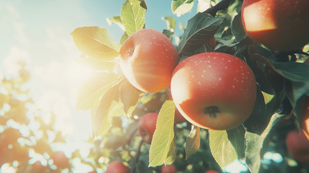 Close-up of ripe apples hanging heavily on tree branches in an orchard, ready for harvest, with sunlight filtering through the leaves.の素材