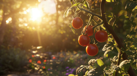 Close-up of ripe tomatoes on the vine in a sunlit garden, showcasing the freshness and vitality of homegrown produce.の素材