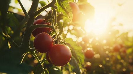 Close-up of ripe tomatoes on the vine in a sunlit garden, showcasing the freshness and vitality of homegrown produce.の素材