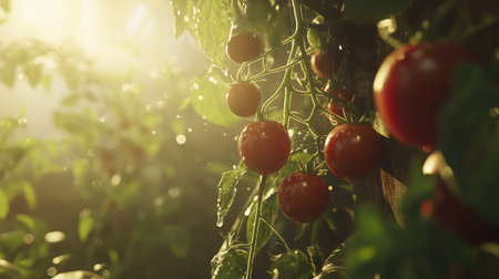 Close-up of ripe tomatoes on the vine in a sunlit garden, showcasing the freshness and vitality of homegrown produce.の素材