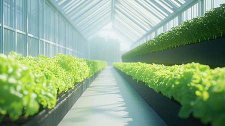 Greenhouse interior with rows of lush, green lettuce growing hydroponically, representing modern sustainable farming practices.の素材