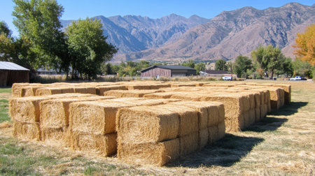 Field of golden hay bales neatly arranged after harvest, under a wide, open sky, capturing the essence of rural life.の素材