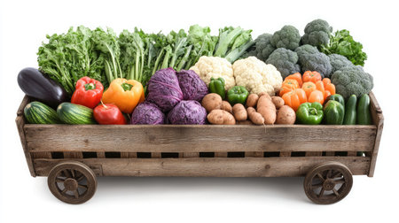 Rustic wooden cart filled with an assortment of freshly harvested vegetables, symbolizing the bounty of organic farming.の素材