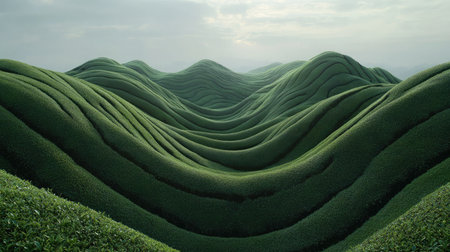 Lush green tea plantation on rolling hills under a misty morning sky, illustrating serene agricultural landscapes.の素材