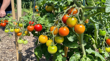 Close-up of ripe tomatoes on the vine in a sunlit garden, showcasing the freshness and vitality of homegrown produce.の素材
