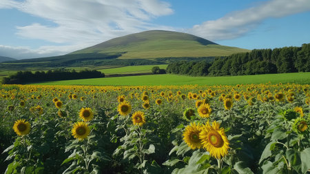 Field of golden sunflowers stretching towards the horizon under a bright blue sky, embodying the vibrancy of summer agriculture.の素材