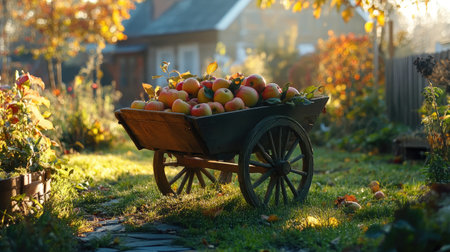 Rustic wooden wheelbarrow filled with freshly picked apples, set against the backdrop of an orchard in autumn.の素材