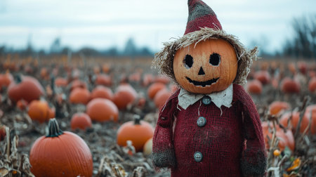Solitary scarecrow standing guard over a pumpkin patch, embodying traditional methods of crop protection.の素材