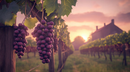 Sunset casting a warm glow over a sprawling vineyard, with ripe grape clusters hanging from the vines, ready for harvest.の素材