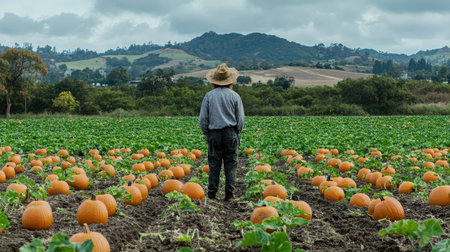 Solitary scarecrow standing guard over a pumpkin patch, embodying traditional methods of crop protection.の素材