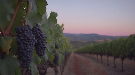 Sunset casting a warm glow over a sprawling vineyard, with ripe grape clusters hanging from the vines, ready for harvest.の素材