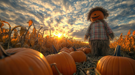 Solitary scarecrow standing guard over a pumpkin patch, embodying traditional methods of crop protection.の素材