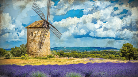 Tranquil scene of a windmill beside a field of blooming lavender, blending agricultural utility with natural beauty.の素材