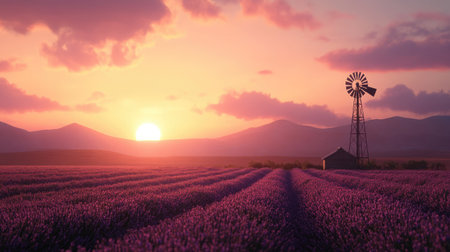 Tranquil scene of a windmill beside a field of blooming lavender, blending agricultural utility with natural beauty.の素材