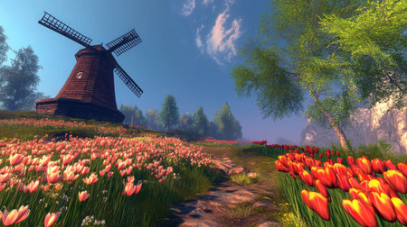Traditional windmill standing tall beside a field of tulips in various colors, blending agricultural heritage with floral cultivation.の素材