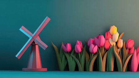 Traditional windmill standing tall beside a field of tulips in various colors, blending agricultural heritage with floral cultivation.の素材