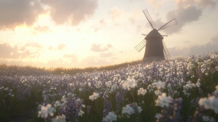 Tranquil scene of a windmill beside a field of blooming lavender, blending agricultural utility with natural beauty.の素材