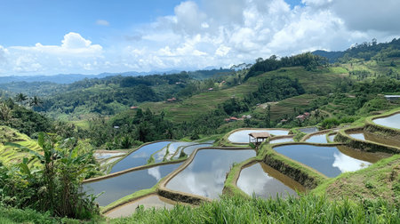 Terraced rice paddies filled with water, reflecting the sky, showcasing traditional farming techniques in hilly terrain.の素材