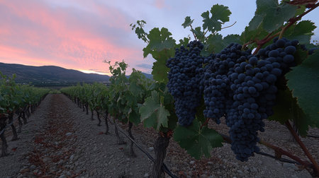 Sunset casting a warm glow over a sprawling vineyard, with ripe grape clusters hanging from the vines, ready for harvest.の素材