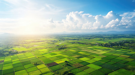 Aerial view of a network of irrigation ditches dividing a vast agricultural landscape into geometric patterns.の素材