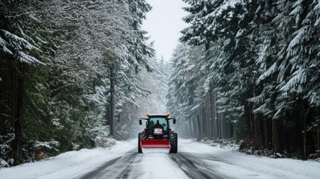 A tractor with a snowplow attachment clearing a snow-covered rural road, with tall pine trees lining the path under a gray sky.の素材