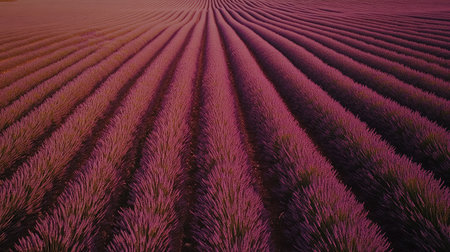 Aerial view of a lavender field in full bloom, with rows of purple flowers stretching towards the horizon, ready for harvest.の素材