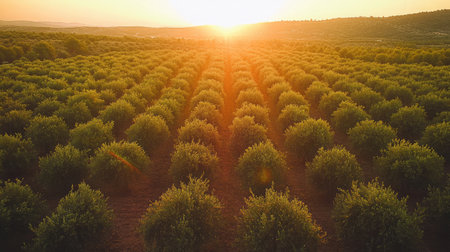 Aerial shot of a vast olive grove with trees laden with ripe olives, set against a backdrop of rolling hills and a setting sun.の素材