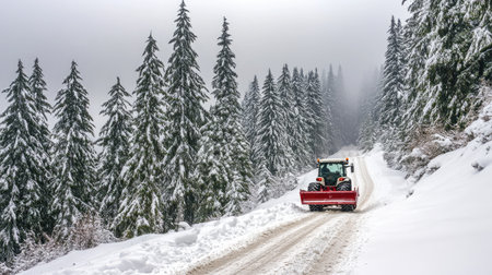 A tractor with a snowplow attachment clearing a snow-covered rural road, with tall pine trees lining the path under a gray sky.の素材