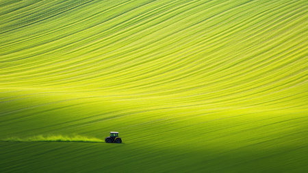 Aerial shot of a tractor creating geometric patterns while fertilizing a bright green field under a clear blue sky.の素材