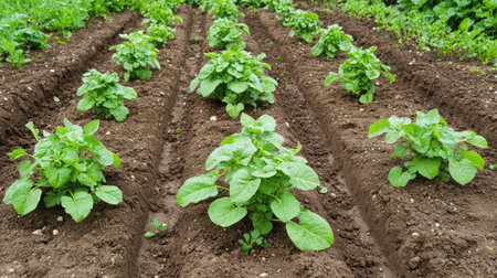 Aerial view of a potato field with freshly turned rows of earth revealing the tubers beneath, ready for collection.の素材