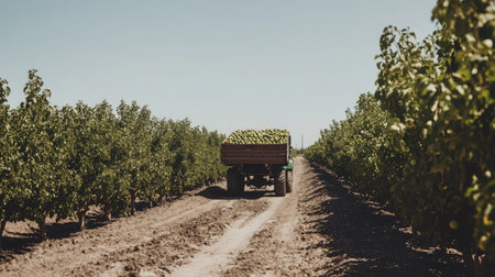A tractor towing a trailer filled with freshly harvested apples, driving along a dirt path lined with apple trees under a clear sky.の素材