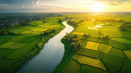 Aerial shot of a rice field with golden stalks ready for harvest, with a river meandering through the landscape.の素材