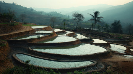 A traditional bamboo irrigation system channeling water from a mountain stream to terraced rice paddies below.の素材