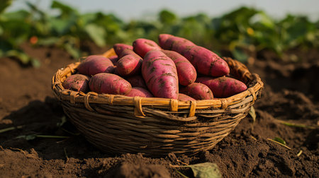 Close-up of a basket filled with freshly dug sweet potatoes, covered in rich soil, placed on the ground in a garden.の素材