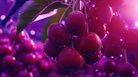 Close-up of a cluster of ripe cherries hanging from a branch, glistening with morning dew, ready for picking.の素材