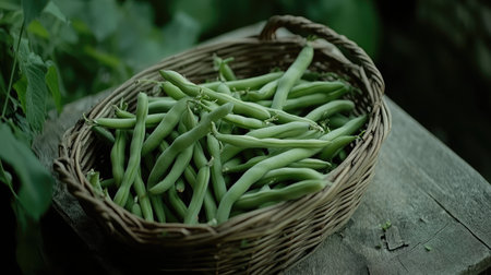 Close-up of a basket filled with freshly picked green beans, placed on a wooden table in a garden setting.の素材