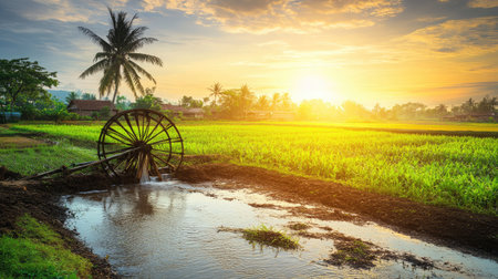 A traditional water wheel lifting water from a river into an irrigation canal beside a field of crops under a clear sky.の素材