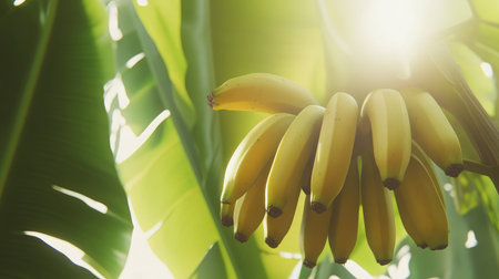 Close-up of a cluster of ripe bananas hanging from a tree, ready for harvest, with large green leaves in the background.の素材