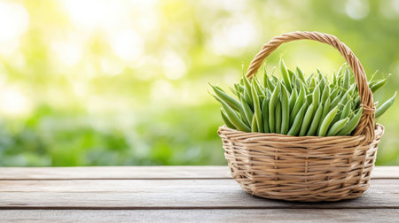 Close-up of a basket filled with freshly picked green beans, placed on a wooden table in a garden setting.の素材