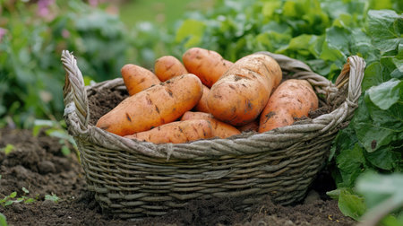 Close-up of a basket filled with freshly dug sweet potatoes, covered in rich soil, placed on the ground in a garden.の素材