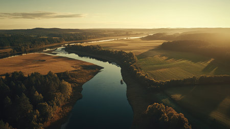 A wide river with a diversion dam channeling water into irrigation canals feeding adjacent farmlands under a clear sky.の素材