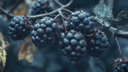Close-up of a cluster of ripe blackberries on a thorny bush, glistening with morning dew, ready for picking.の素材
