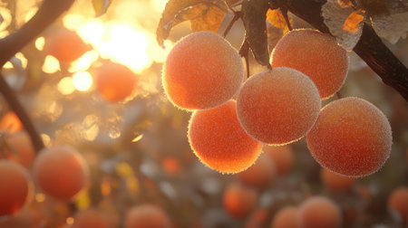 Close-up of a cluster of ripe peaches hanging from a tree branch, with soft fuzz and warm colors indicating readiness for picking.の素材