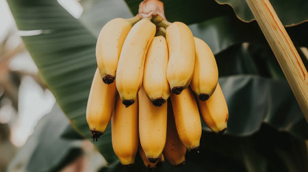 Close-up of a cluster of ripe bananas hanging from a tree, ready for harvest, with large green leaves in the background.の素材