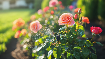 Close-up of a drip emitter releasing water onto the soil around a blooming rose bush in a landscaped garden.の素材